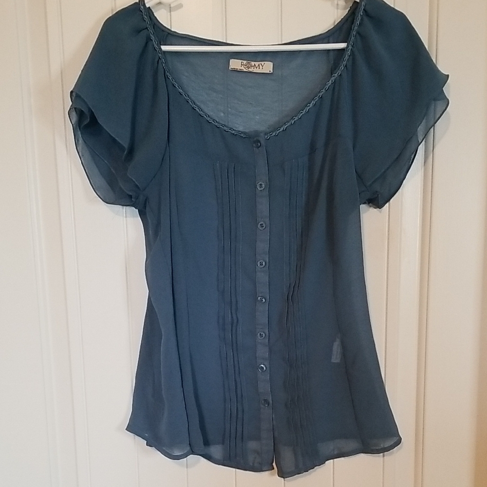 Romy Fairycore Sheer Blue Button-Up Blouse Size M